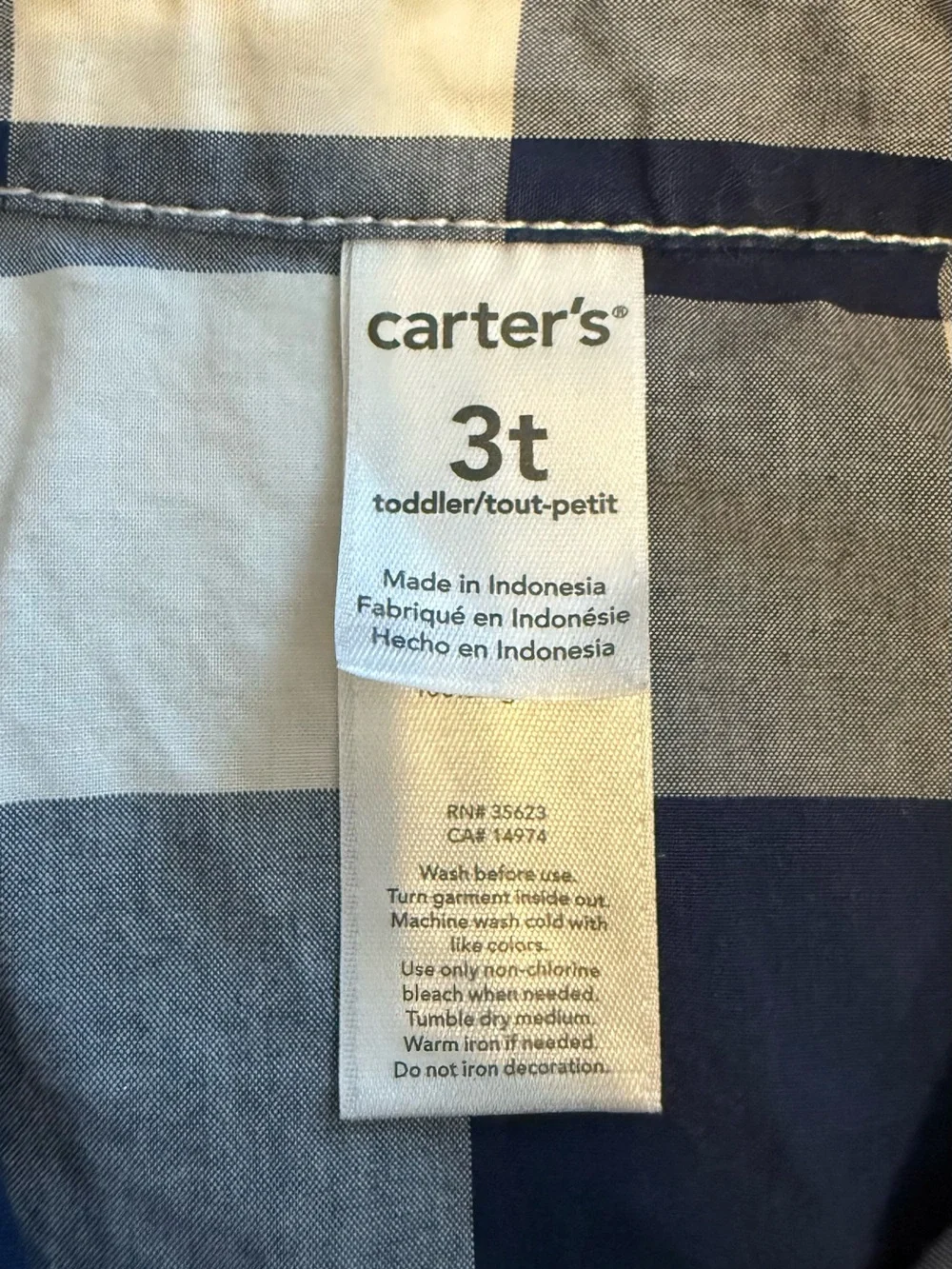 Carter’s Girls Dress 3T Navy White Checkered Cotton Button Tie + Bow